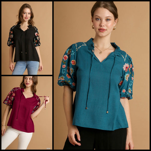 Split Neck Puff Embroidery Sleeve Drawstring Top