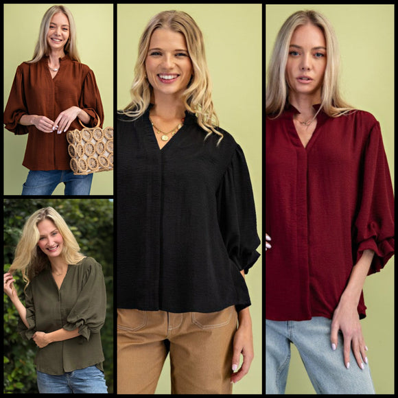 Gathered Balloon 3/4 Sleeve Blouse