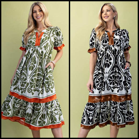 Colorblock Puff Sleeve Midi Dress