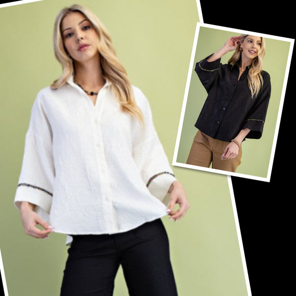 Crinkle Button Down Top With Bead Trim Details