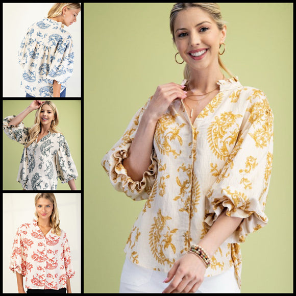 Balloon 3/4 Sleeve Blouse w/Heirloom Print