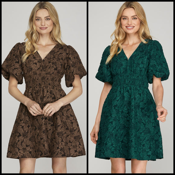 Floral Jacquard V-Neck Short Sleeve Dress
