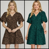 Floral Jacquard V-Neck Short Sleeve Dress