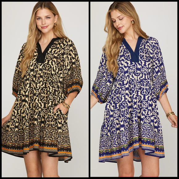 Border Medallion Print Tiered Pocket Mini Dress