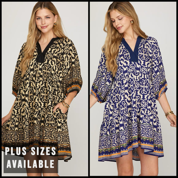 Border Medallion Print Tiered Pocket Mini Dress