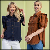 Gathered Sleeve Linen Button Up Shirt