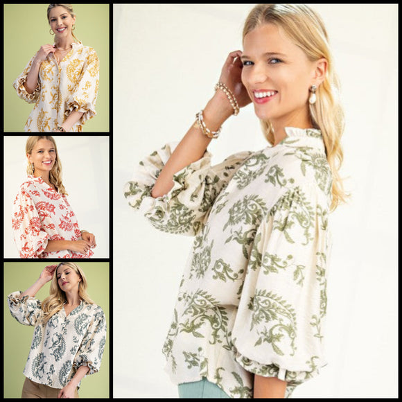 Ballon 3/4 Sleeve Blouse w/ Heirloom Print