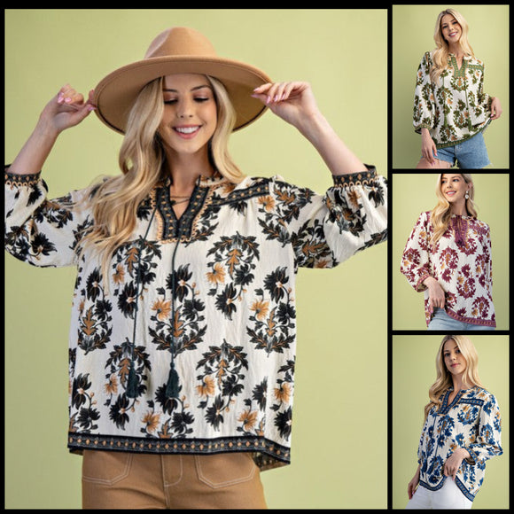 Floral Fall Print 3/4 Length Sleeve Tassel Blouse