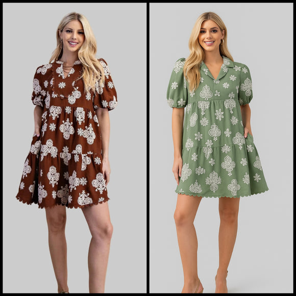 Eloise Scallop-Hem Puff Sleeve Dress
