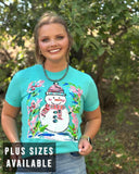 Holly Jolly Snowman Graphic Tee - Turquoise
