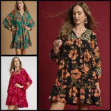 Abstract Hibiscus Elastic Sleeve Mini Dress