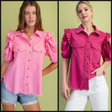 Calla Gathered Sleeve Soft Denim Button Up Top