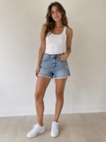 High Rise Flower Power Patched Shorts - Light Denim