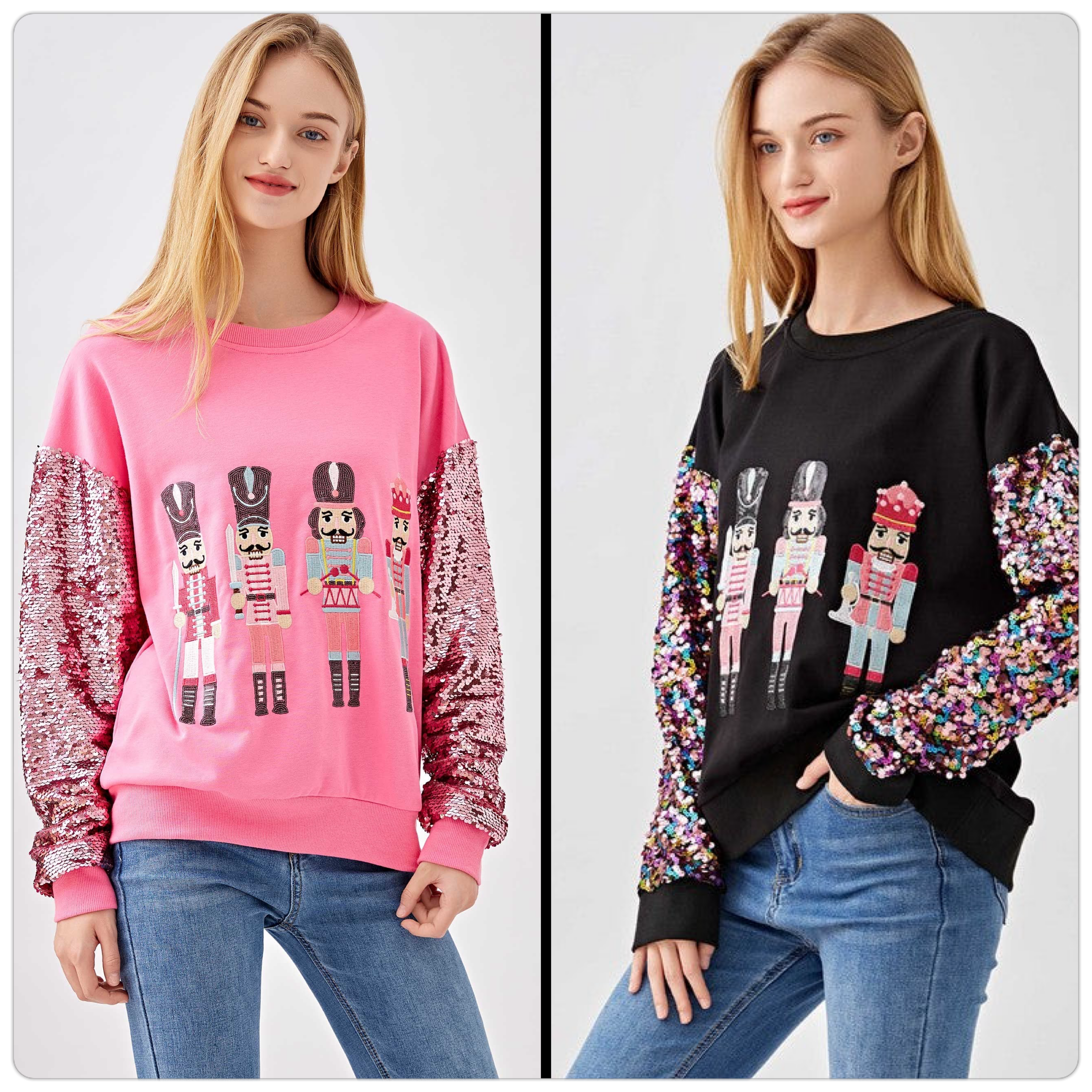 Embroidered Nutcracker Sweatshirt w/Sequin Sleeves – Haute Boutique
