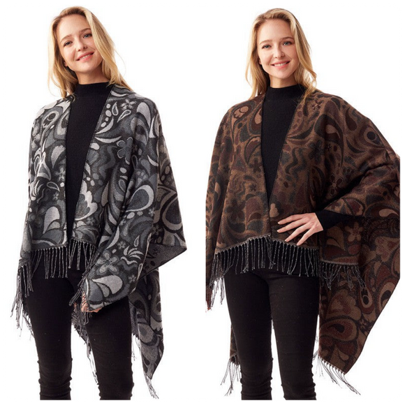 Split Neck Paisley Pattern w/Fringe Blanket Poncho