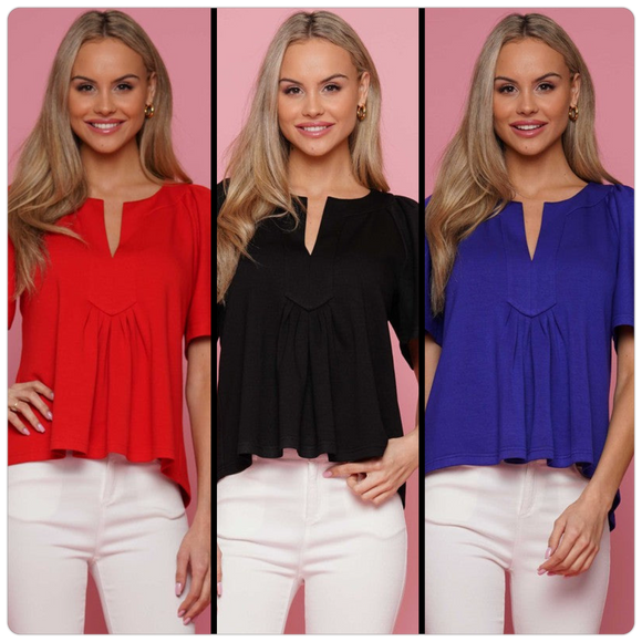 Pleated V-Neck Flutter Sleeve Solid Top