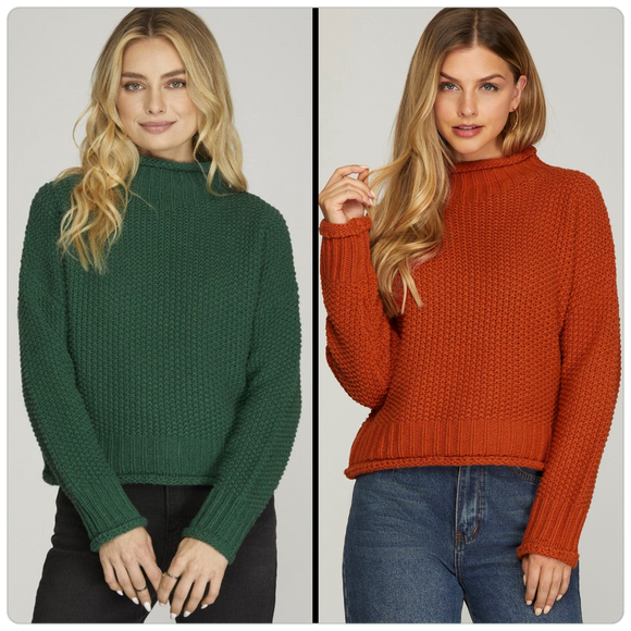 Ridged Turtle Mock Neck Sweater - Rust