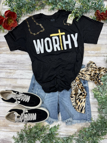Worthy with Gold Puff Cross - Vneck Heather Black