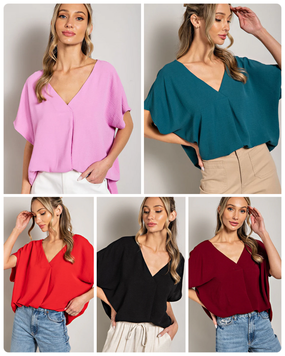 Pleated Front Deep V Blouse