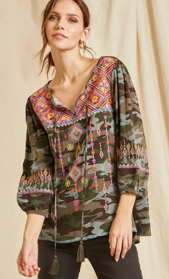 Neon Embroidered Camo Swing Top - Olive