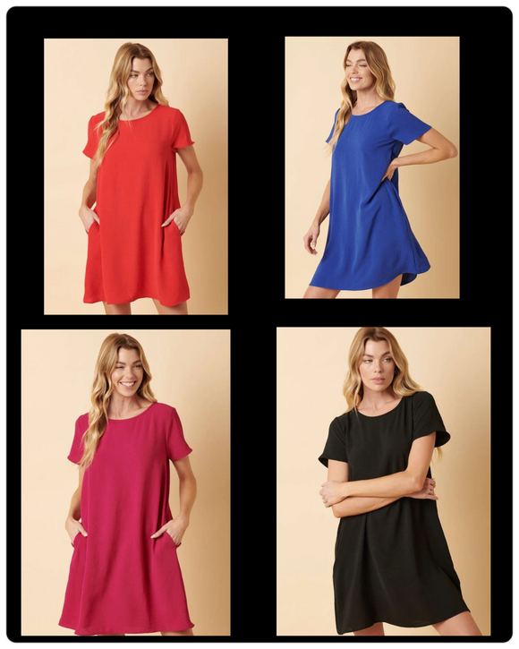 Round Neck Short Sleeve Pocketed Shift Dress