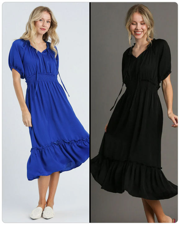 V-Neck Midi Dress with Smocked Waistband & Short Puff Sleeves