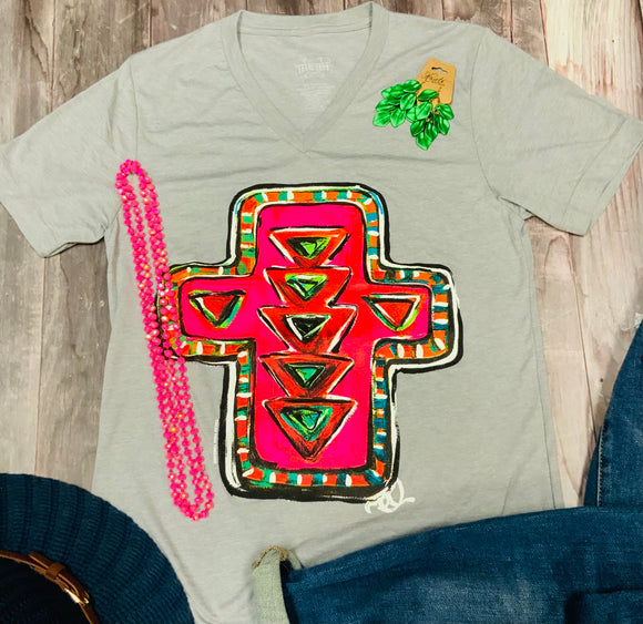 Callie Ann Neon Cross Graphic Tee - Athletic Grey