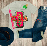 Callie Ann Neon Cross Graphic Tee - Athletic Grey