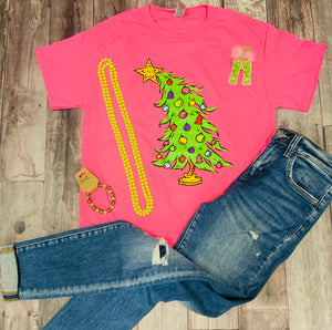 Whoville Christmas Tree Graphic Tee - Neon Pink