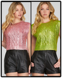 Metallic Foil Mock Neck Cropped Sweater Top