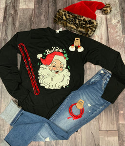 BELIEVE Long Sleeve Santa Christmas Graphic Tee - Black