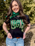 Leopard Lucky Tee With Green Puff Outline- Black
