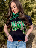 Leopard Lucky Tee With Green Puff Outline- Black
