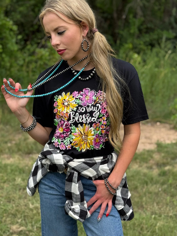 Callie Ann So Very Blessed Tee Floral Graphic Tee - Crew Black