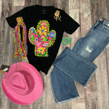 Callie Ann Pink Floral Cactus Graphic Tee - Crew Black