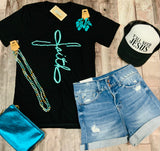 Teal Metallic Puff Faith Graphic Tee - V-Neck Black