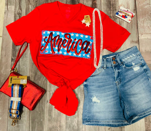 Red Metallic Puff Paint America Graphic Tee