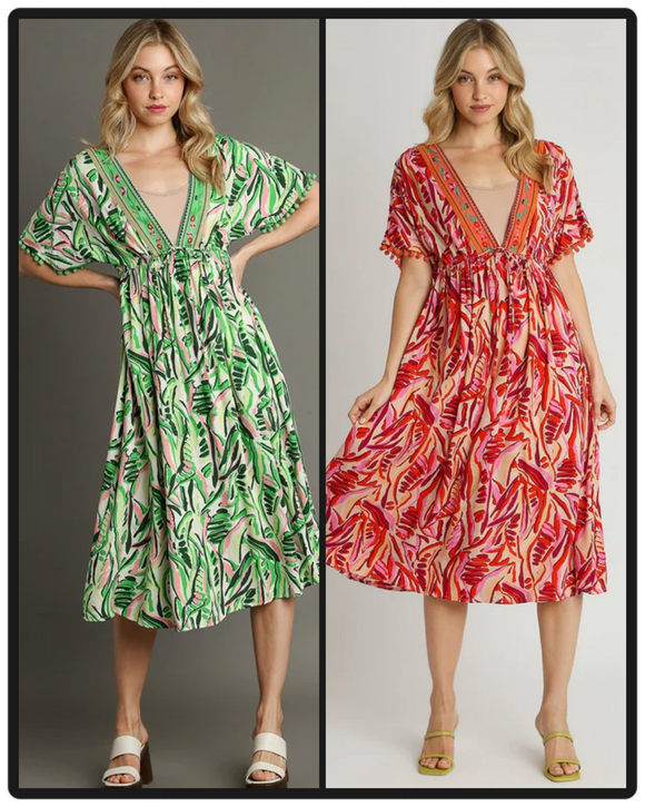 Tropical Print Pom Trim Midi Dress