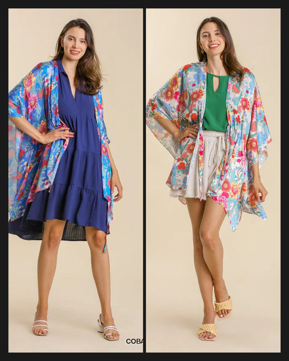 Floral Print Tie Front Kimono with Side Slits