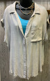 Mineral Washed Button Up SS Top with Frayed Hem