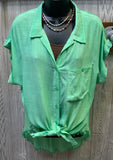 Mineral Washed Button Up SS Top with Frayed Hem