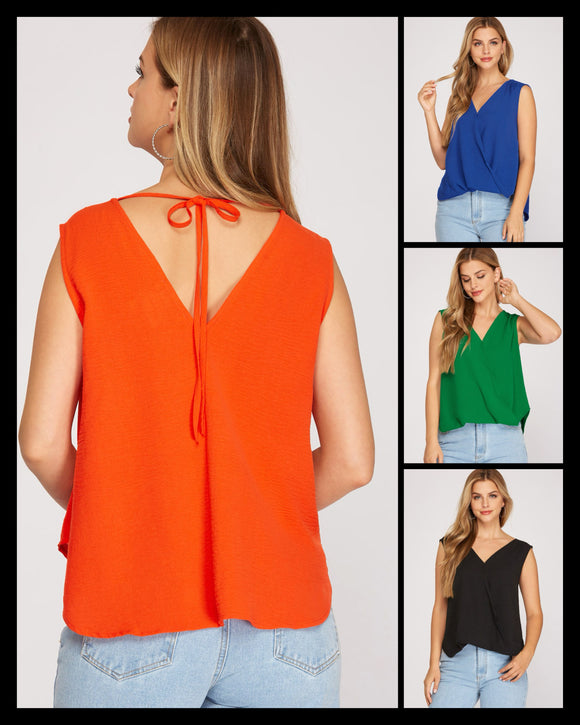 Sleeveless Surplice Wrap Top with Tie Back