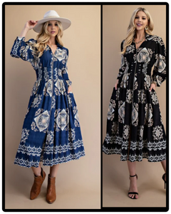 Tile Print Full Zip Long Sleeve Midi Dress