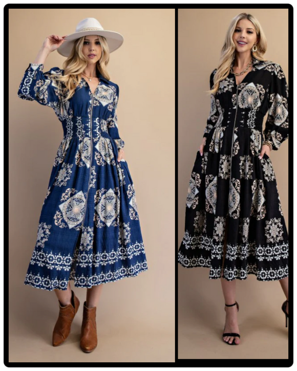 Tile Print Full Zip Long Sleeve Midi Dress