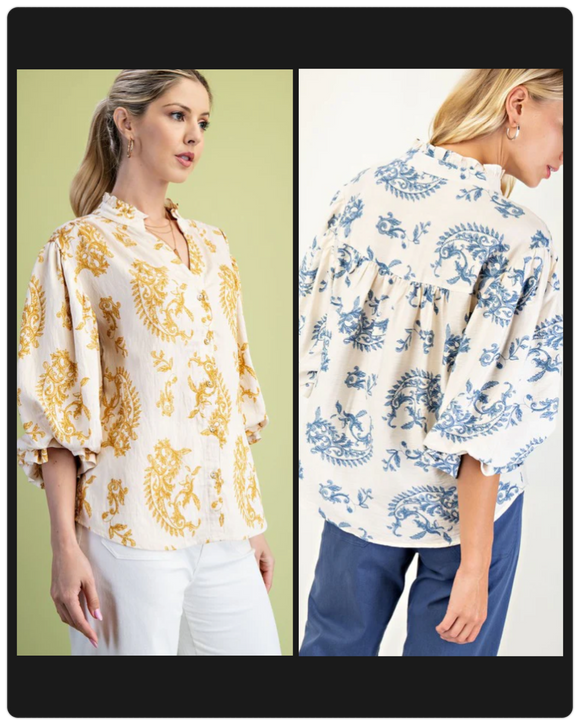 Balloon 3/4 Sleeve Blouse w/Heirloom Print