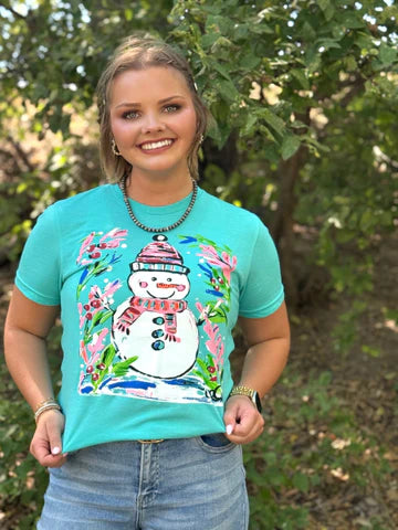 Holly Jolly Snowman Tee- Turquoise