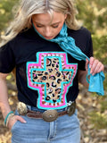 Wild Spirit Leopard Cross Graphic Tee - V-Neck Black