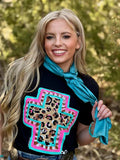 Wild Spirit Leopard Cross Graphic Tee - V-Neck Black