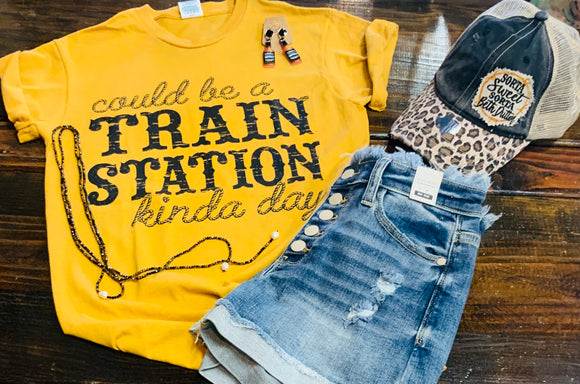 Train Station Kind Of Day Graphic Tee - Mustard Yellow
