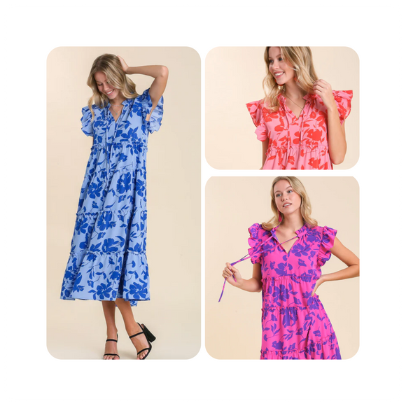 Smocked Shoulder Split Neck Tiered Floral Midi Dress